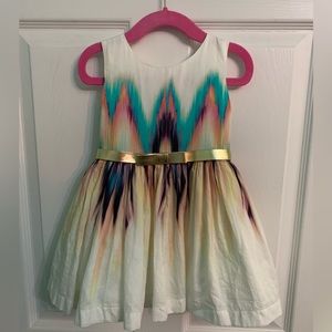 Zoe Ltd cream special occasion dress w/gold belt and gold exposed zipper. Size 3